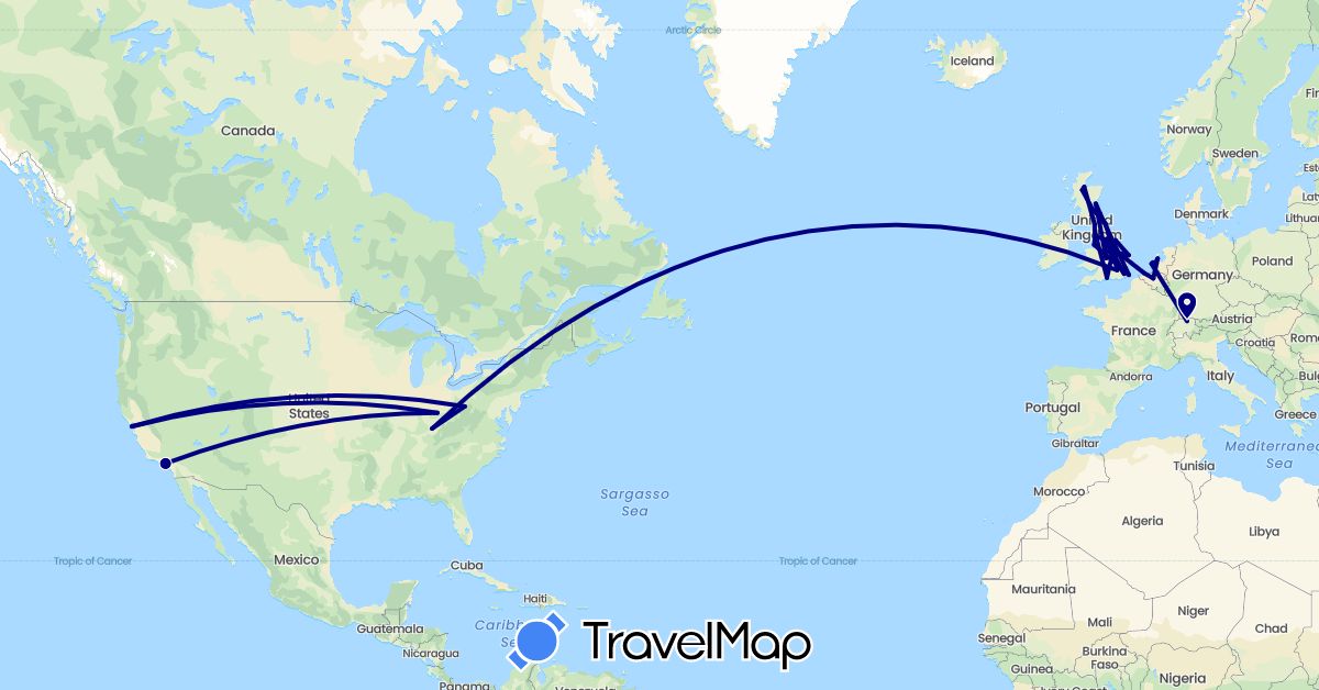TravelMap itinerary: driving in Belgium, Switzerland, United Kingdom, Netherlands, United States (Europe, North America)
